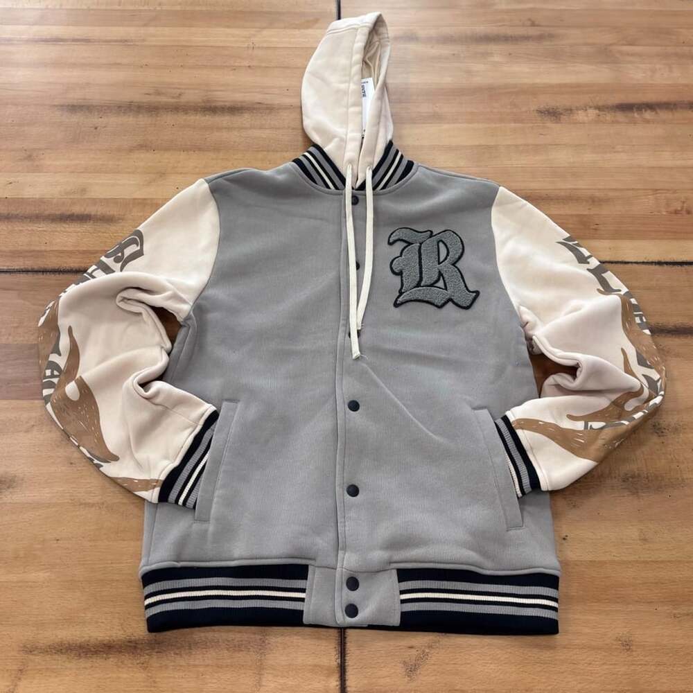 Rebel Minds Hooded Varsity Jacket Taupe Legends Never Die